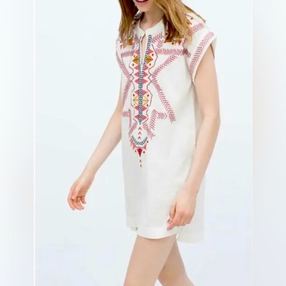 Zara Woman Ivory Linen Cap Sleeve Aztec Embroidered Sheer Mini Dress Size Small - Picture 2 of 9